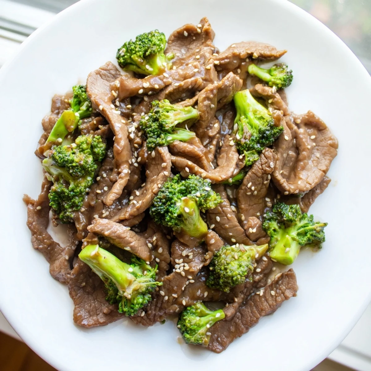 Golden tender beef strips and bright green broccoli florets swimming in rich garlic-soy slow cooker sauce