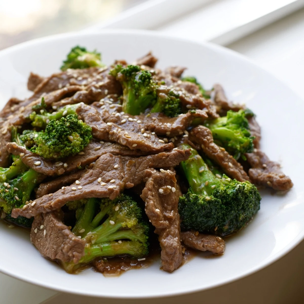 Plated crock pot beef and broccoli featuring melt-in-your-mouth meat and crisp tender-crisp broccoli in glossy brown sauce