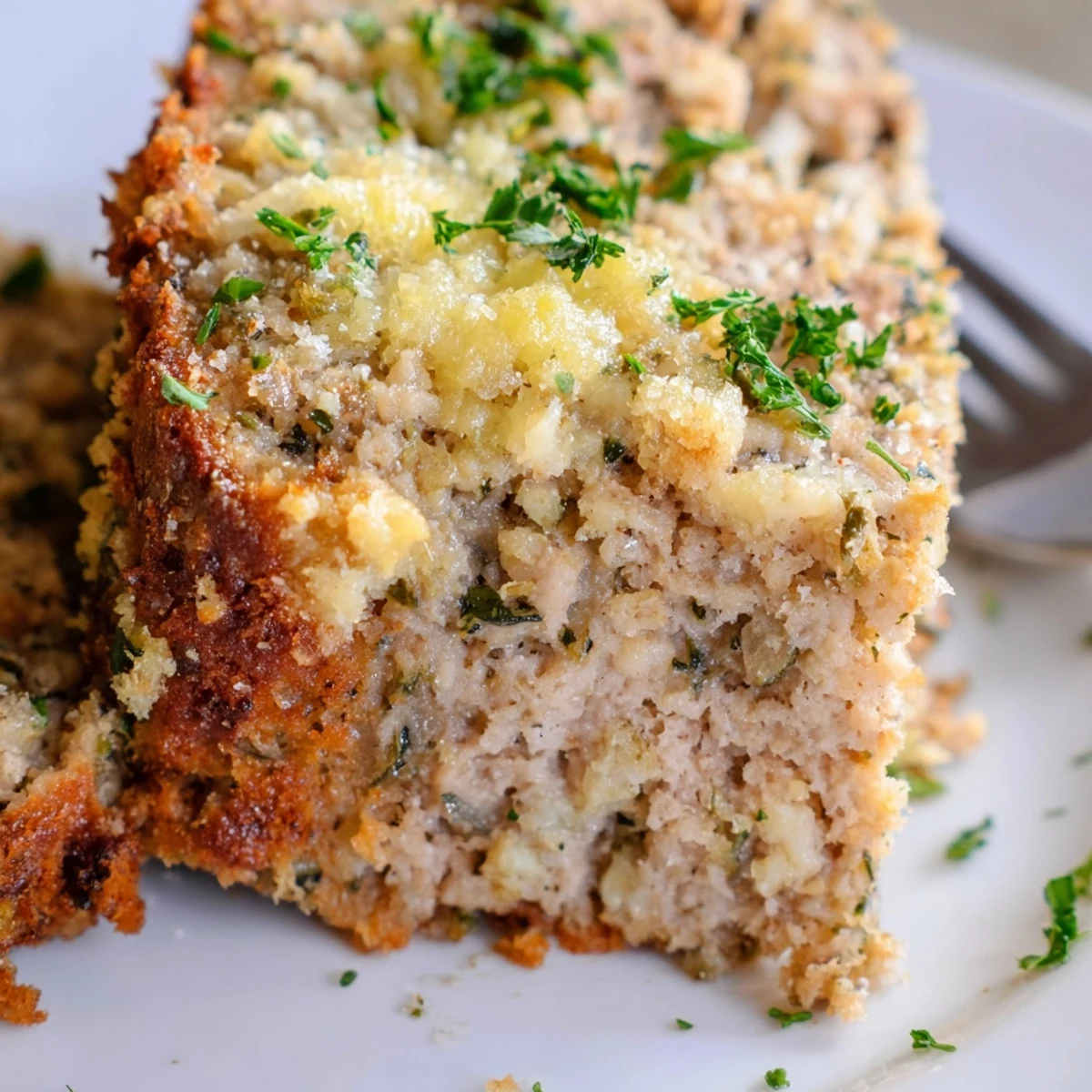 Moist chicken meatloaf with melted parmesan crust garnished with fresh green parsley
