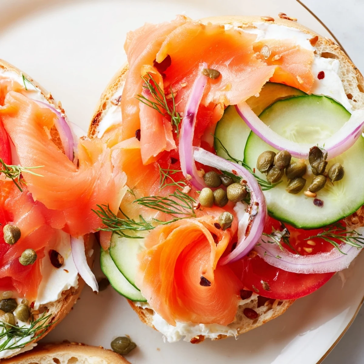 Classic smoked salmon bagel sandwich topped with fresh dill, capers, and cracked black pepper