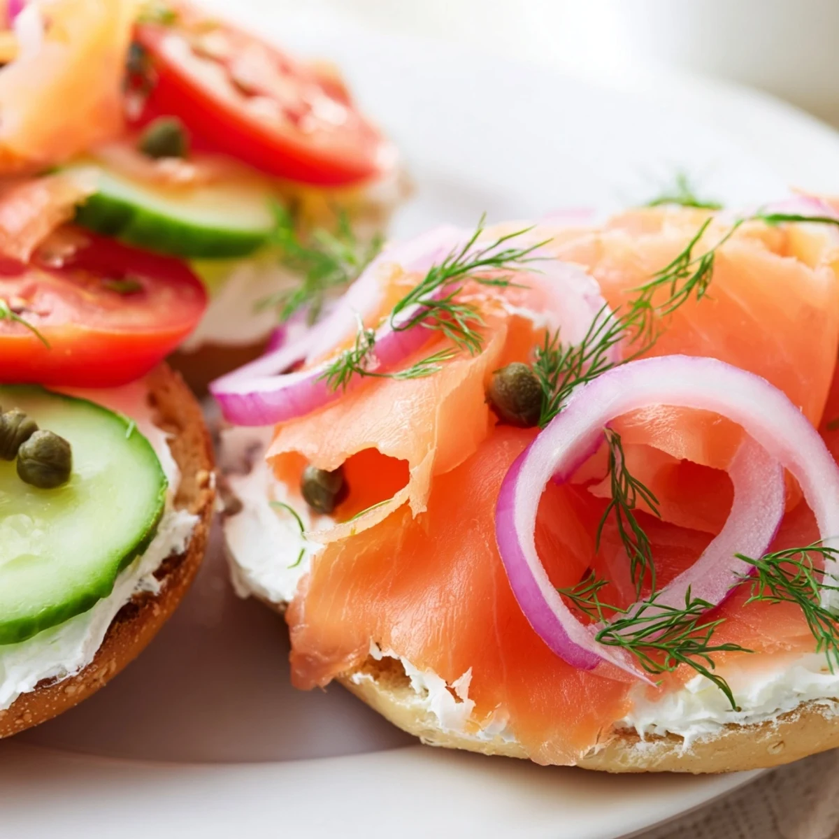Open-faced smoked salmon bagel with tangy cream cheese, crisp red onion, tomato, and cucumber slices