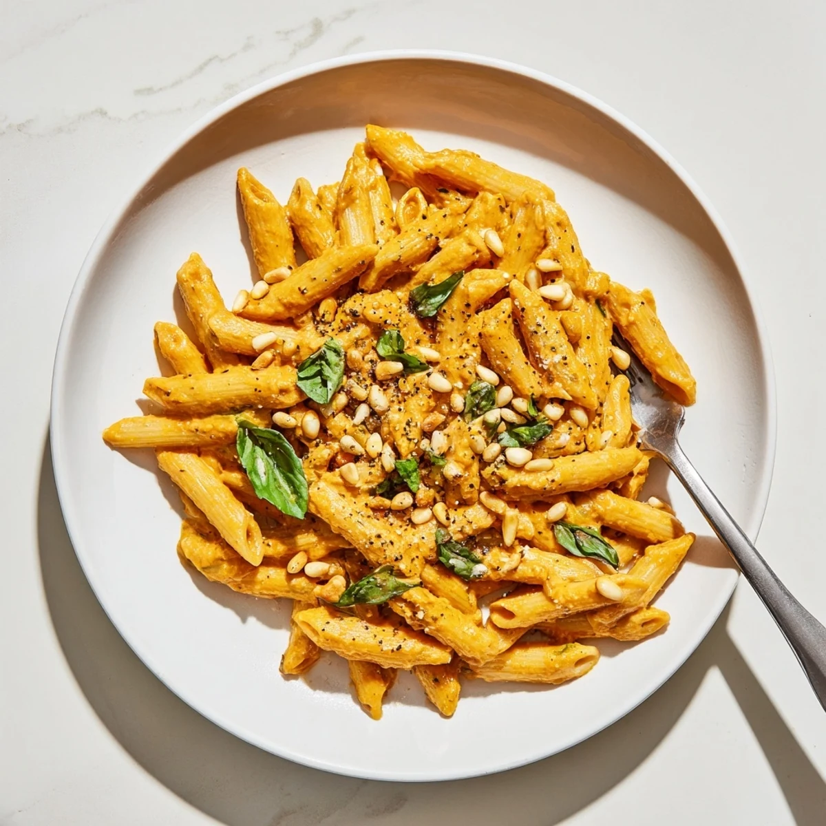 Creamy vegan sun dried tomato pasta tossed in rich cashew sauce with fresh basil garnish
