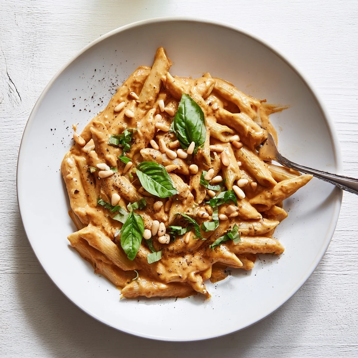 Twirling forkful of dairy-free sun dried tomato pasta coated in smooth red-orange cashew cream sauce