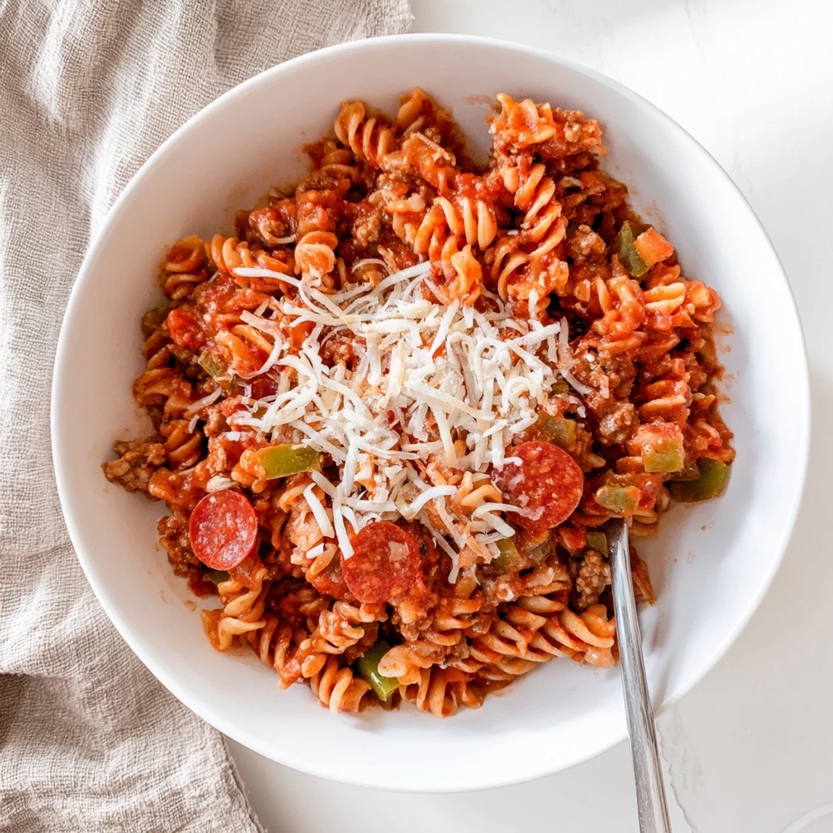 Hearty Crockpot Pizza Pasta dish showcasing rotini noodles, Italian sausage, and bell peppers in rich marinara