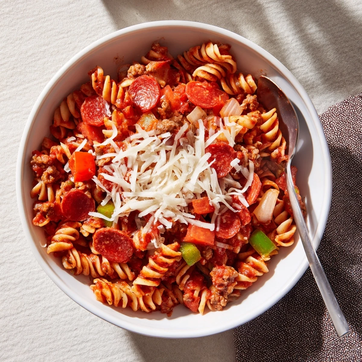Family-style Crockpot Pizza Pasta topped with bubbly melted cheese and scattered red pepperoni garnish