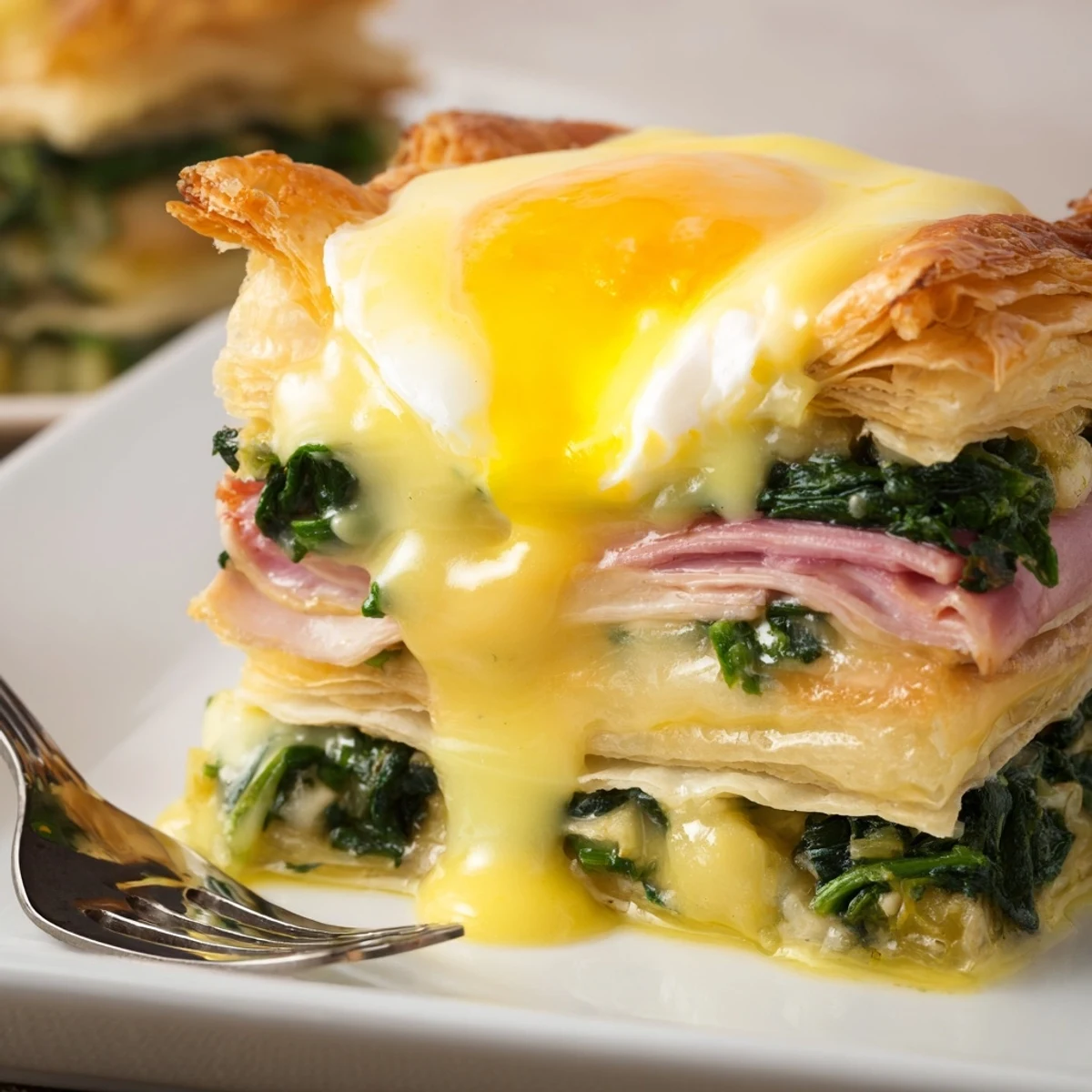 Golden puff pastry stacks layered with smoked ham, spinach, and baked eggs topped with hollandaise