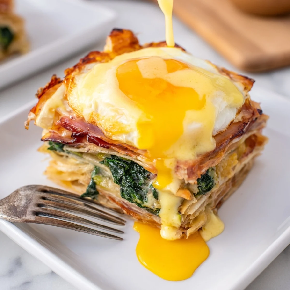 Flaky baked eggs Napoleon featuring creamy spinach, savory ham, and rich hollandaise sauce on pastry
