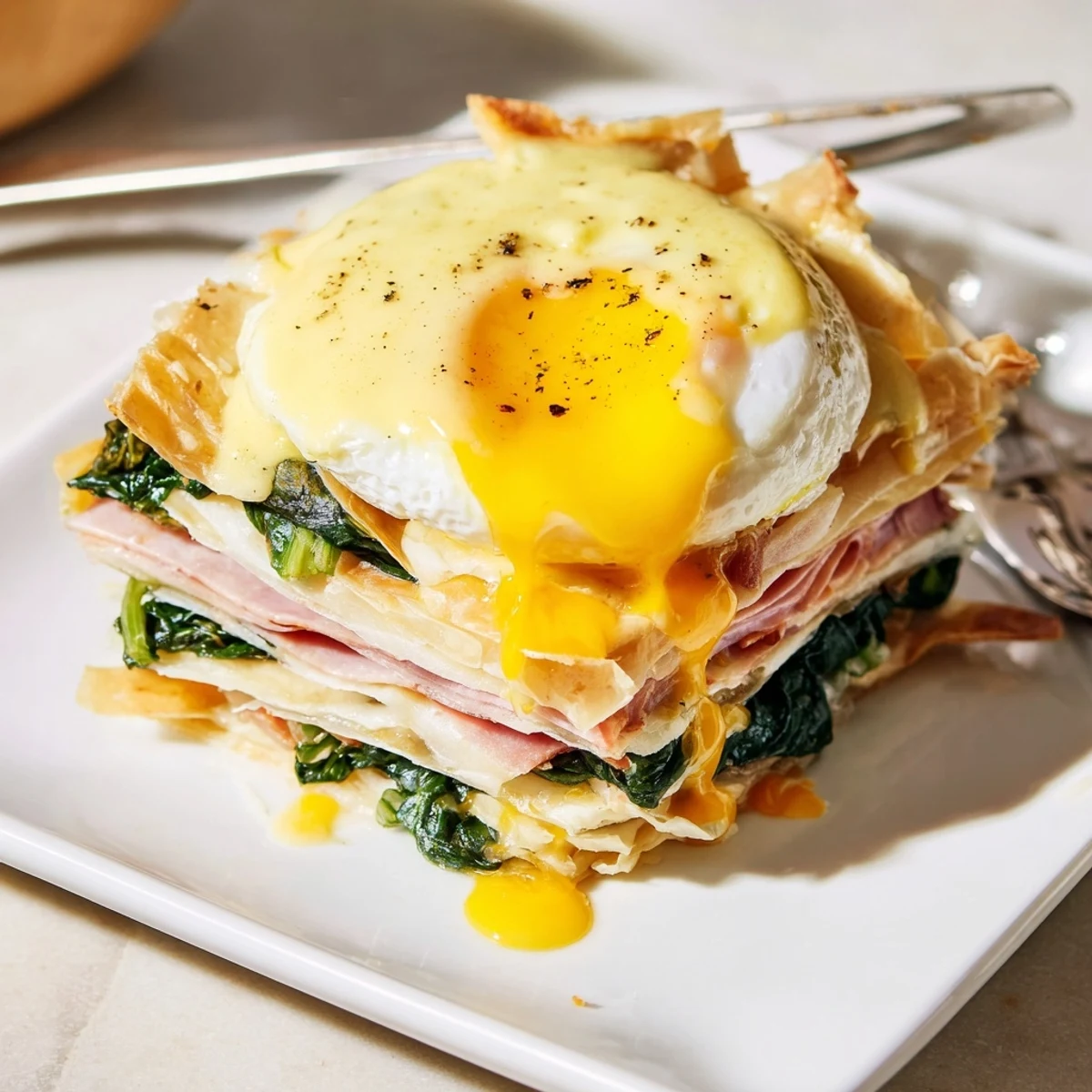 French-style brunch dish with puff pastry layers, ham, spinach, and runny yolks drizzled with hollandaise