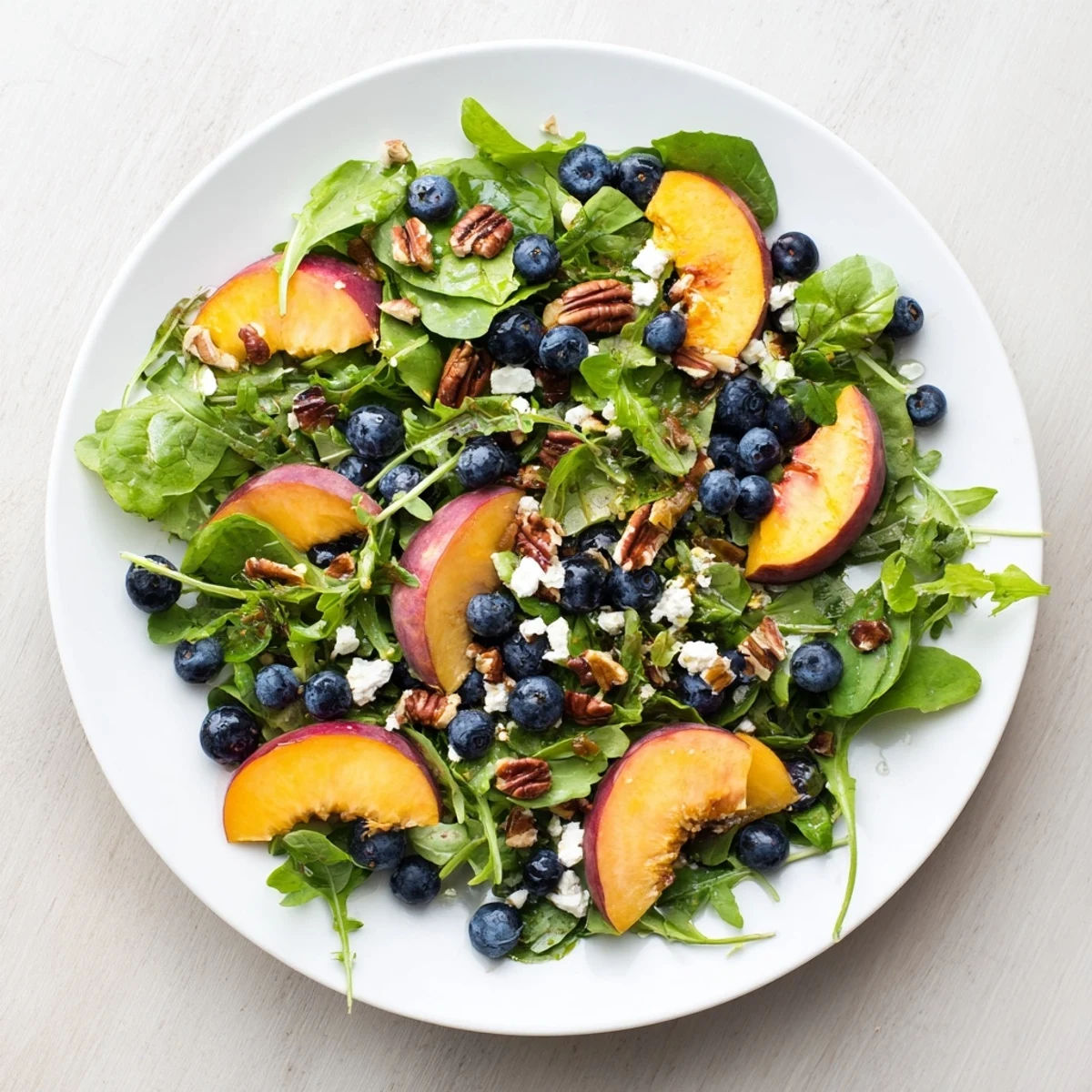 Colorful bowl of blueberry peach feta salad topped with toasted pecans and honey vinaigrette