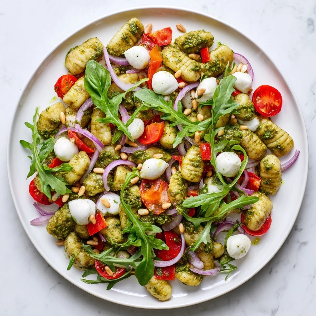 Golden roasted gnocchi salad with fresh tomatoes, mozzarella, and zesty basil pesto dressing