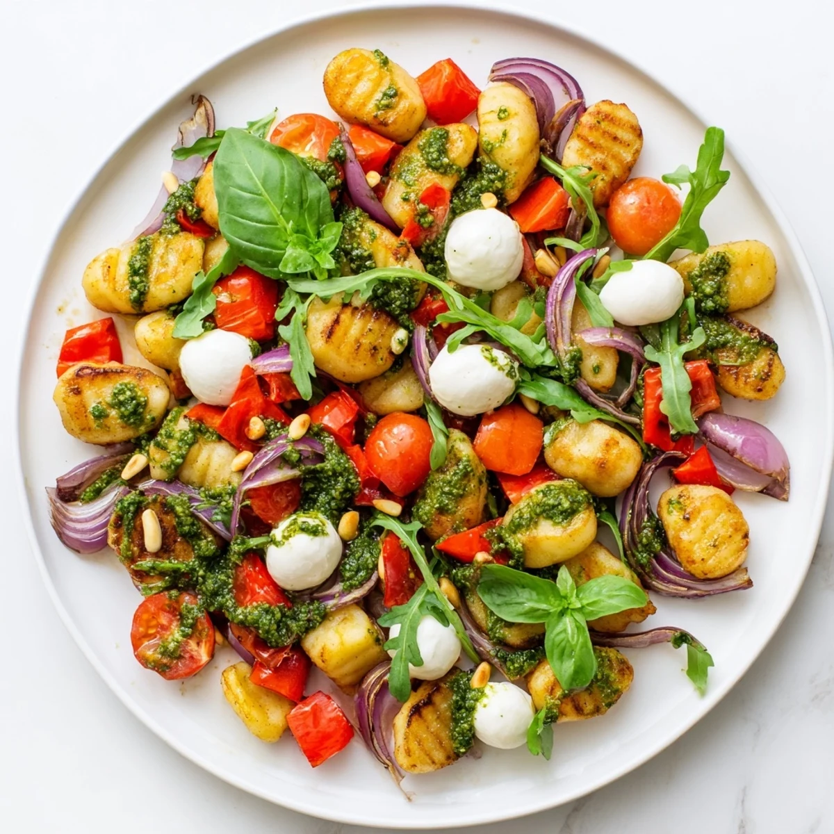 Vibrant warm Italian salad featuring crispy pesto-coated gnocchi with melted mozzarella and arugula
