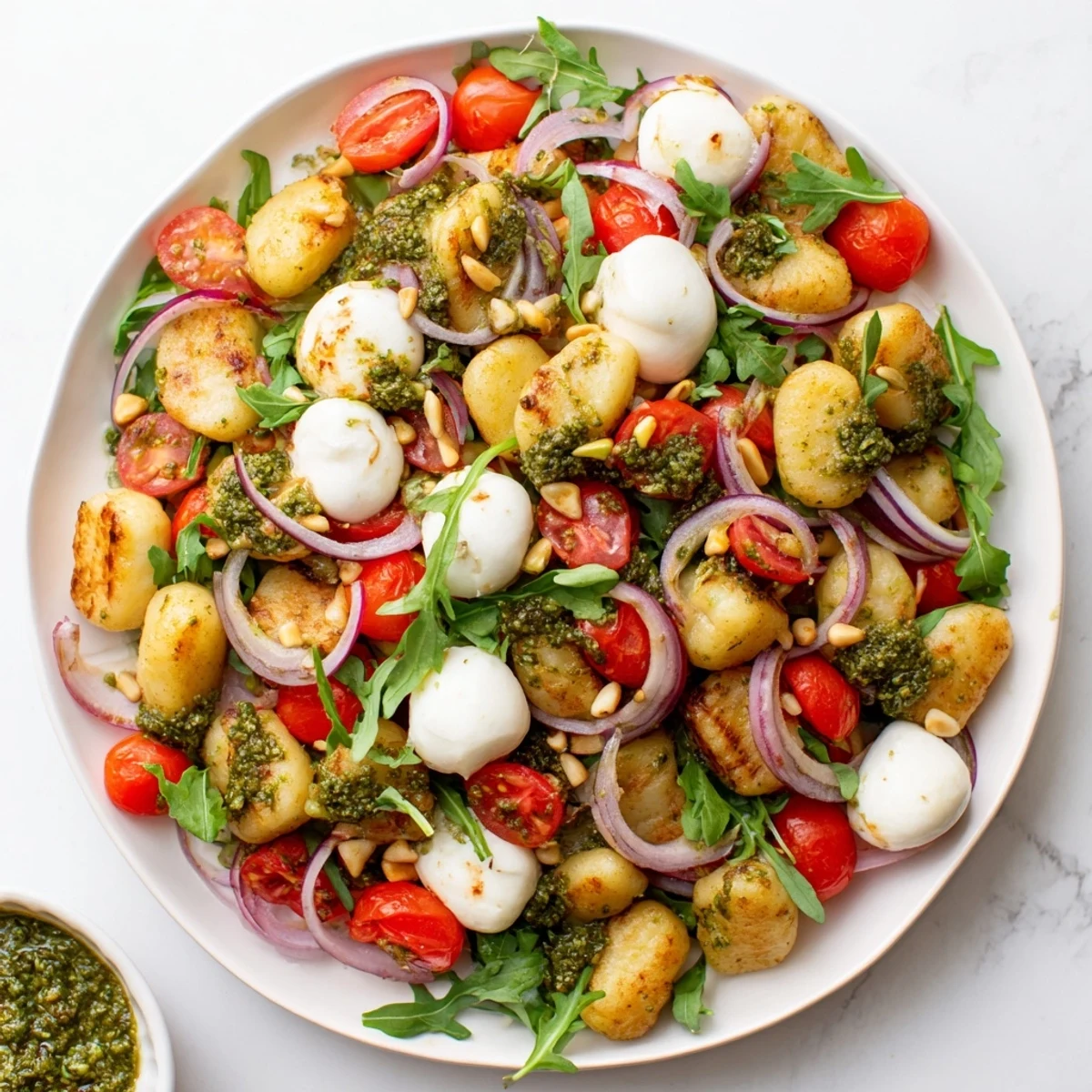 Colorful bowl of roasted gnocchi tossed in basil pesto with cherry tomatoes and fresh basil