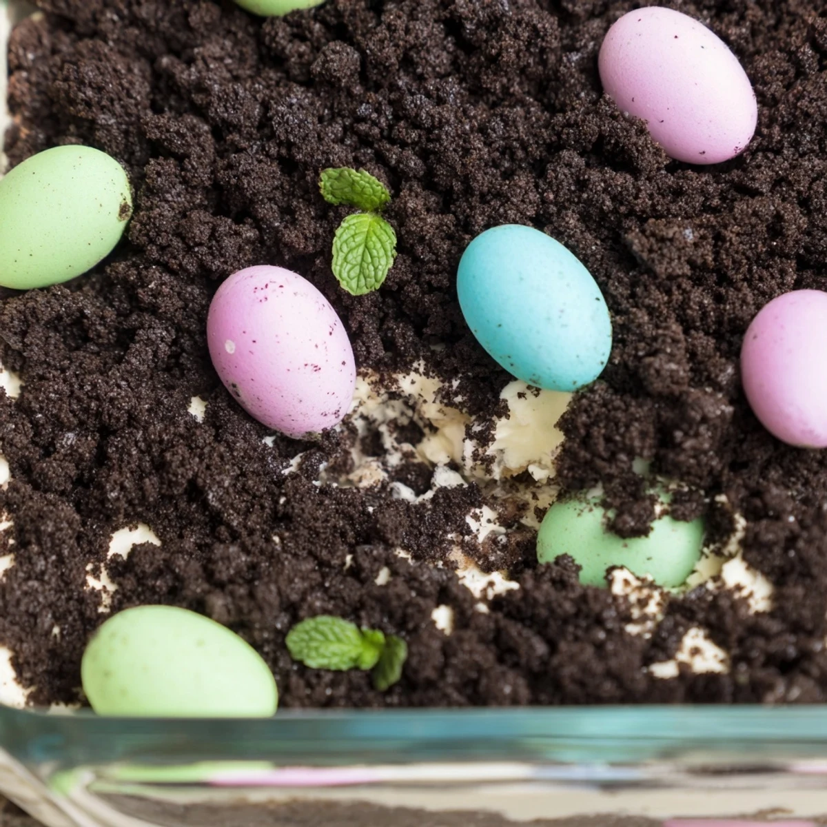 Golden Easter dirt cake casserole with pastel candies nestled in chocolate cookie crumb layers