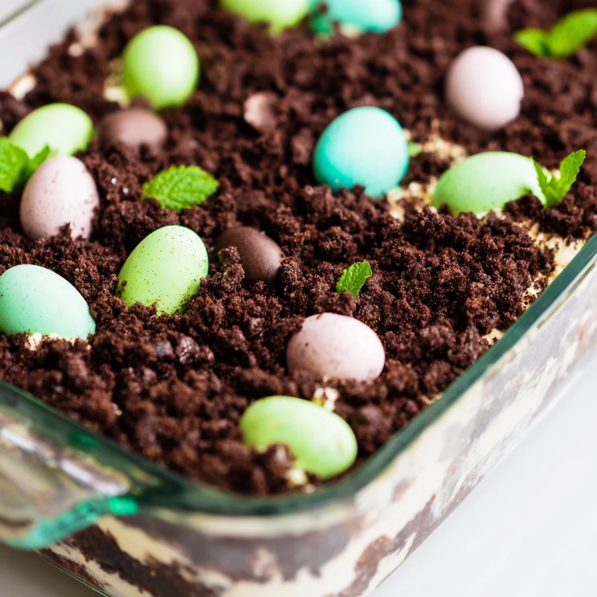 Creamy layered Easter dirt cake casserole topped with colorful chocolate eggs and spring candies