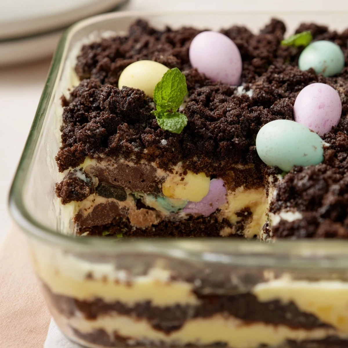 Spoonful of rich Easter dirt cake casserole showing vanilla pudding and whipped cream layers