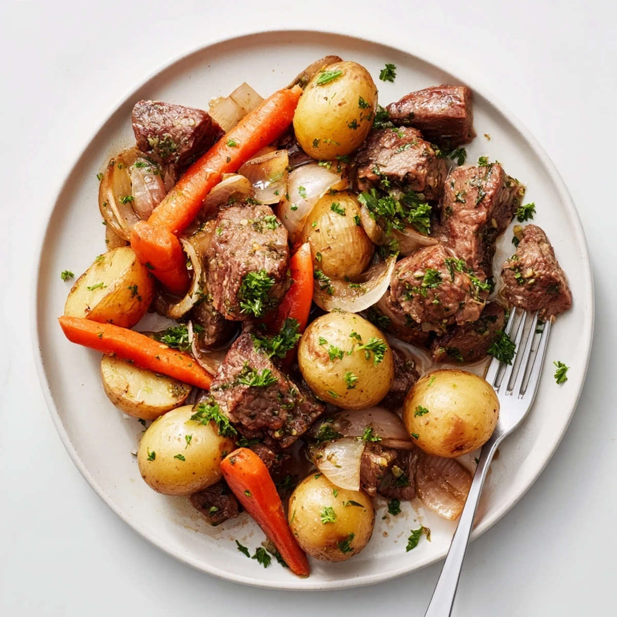 Hearty slow cooker steak and potatoes with buttery vegetables and fresh parsley garnish on a white plate