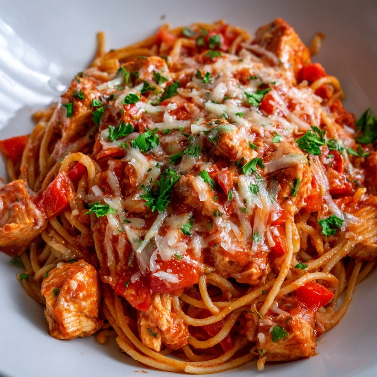 Savory Instant Pot Chicken Spaghetti with tender pasta pieces in rich tomato sauce and melted Parmesan garnish