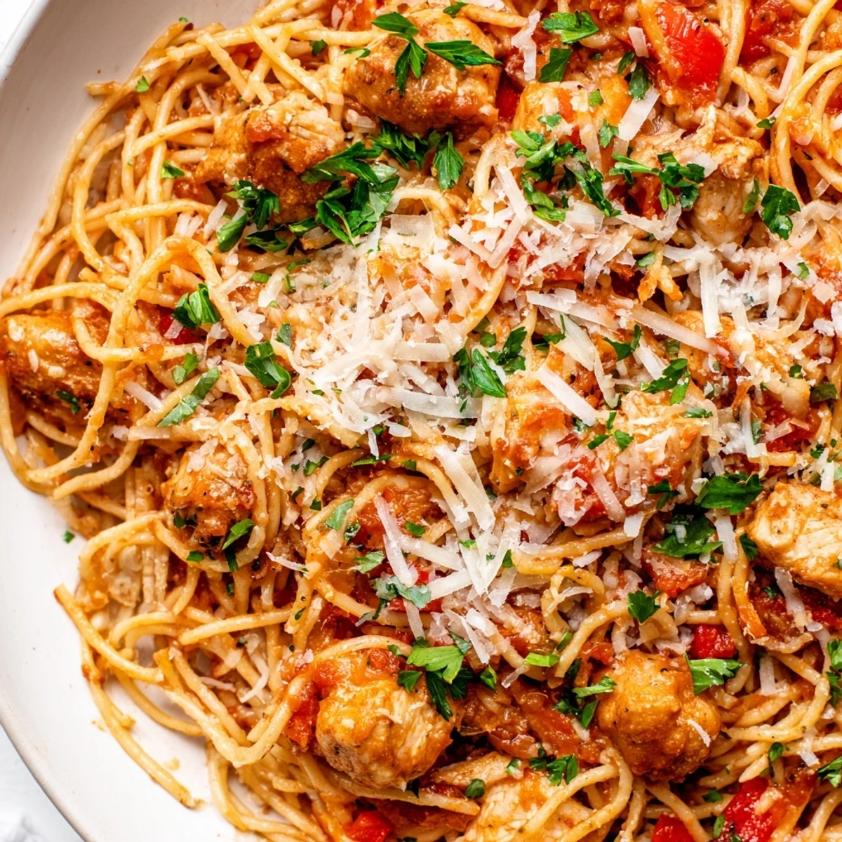 Comforting Savory Instant Pot Chicken Spaghetti featuring juicy chicken chunks coated in flavorful red tomato sauce