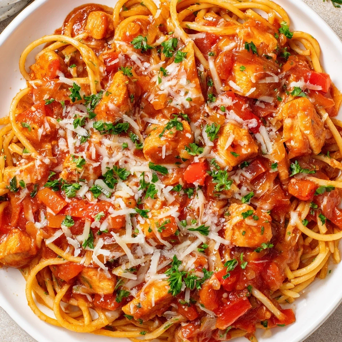 Steamy Savory Instant Pot Chicken Spaghetti topped with fresh parsley and grated Parmesan over a bed of tender spaghetti