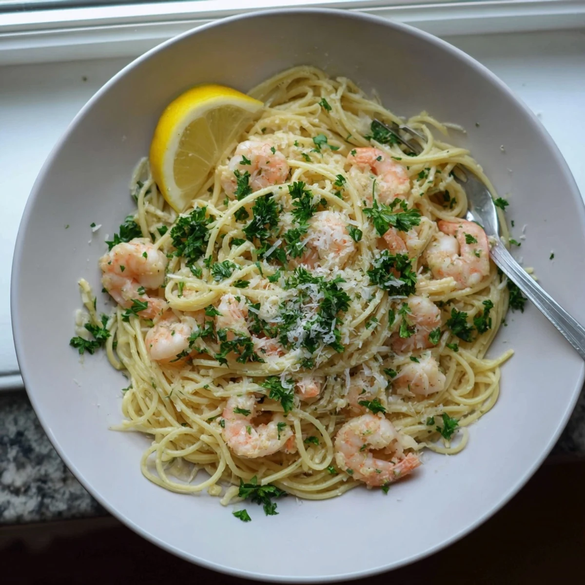 Golden shrimp scampi pasta glistening with garlic butter sauce and fresh parsley