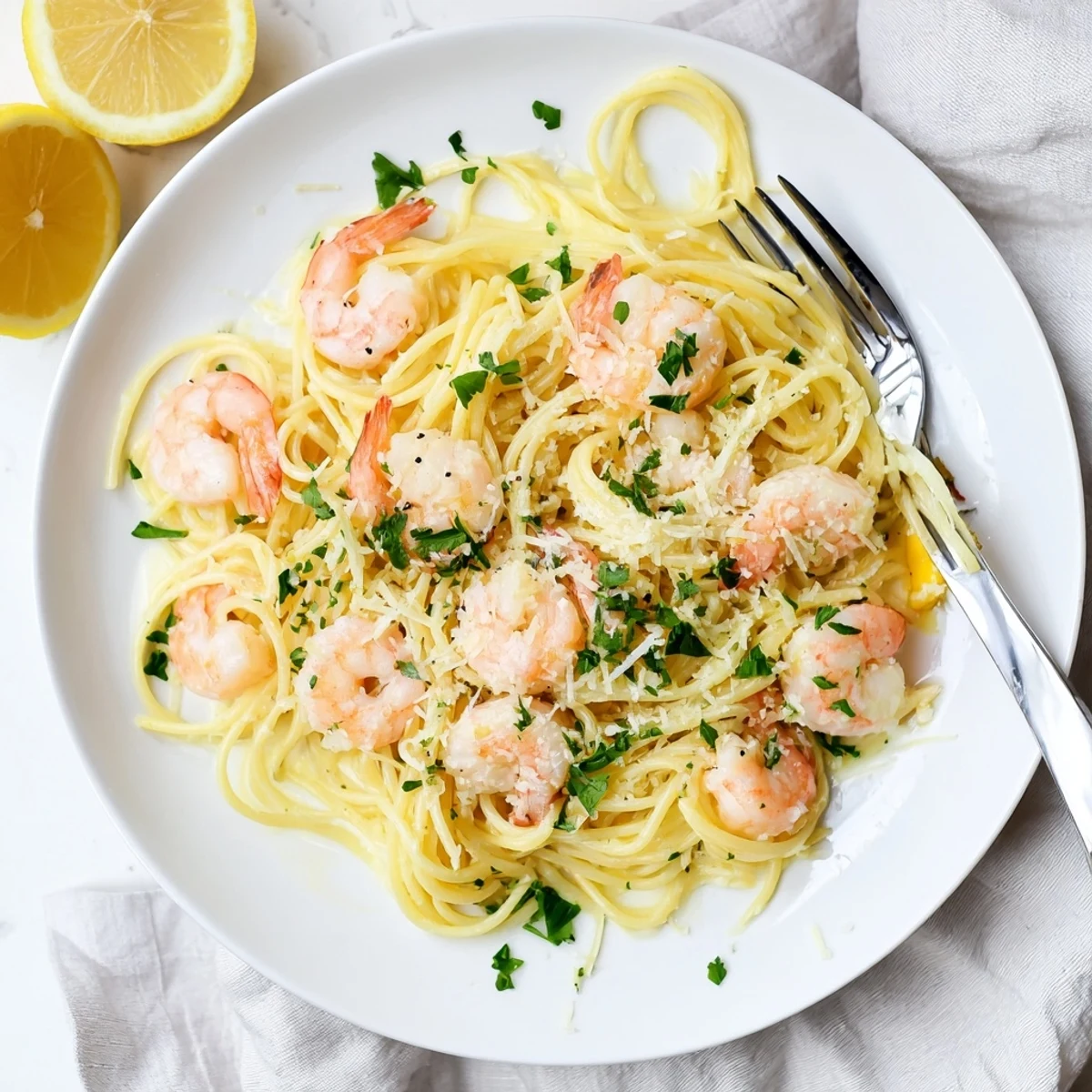 Al dente spaghetti tossed with tender shrimp in zesty lemon white wine sauce