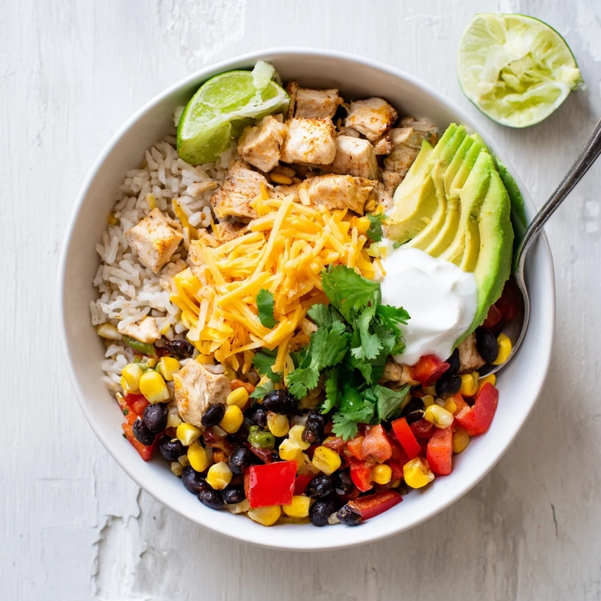 Colorful Instant Pot chicken burrito bowls topped with cheese, avocado, sour cream, and fresh cilantro