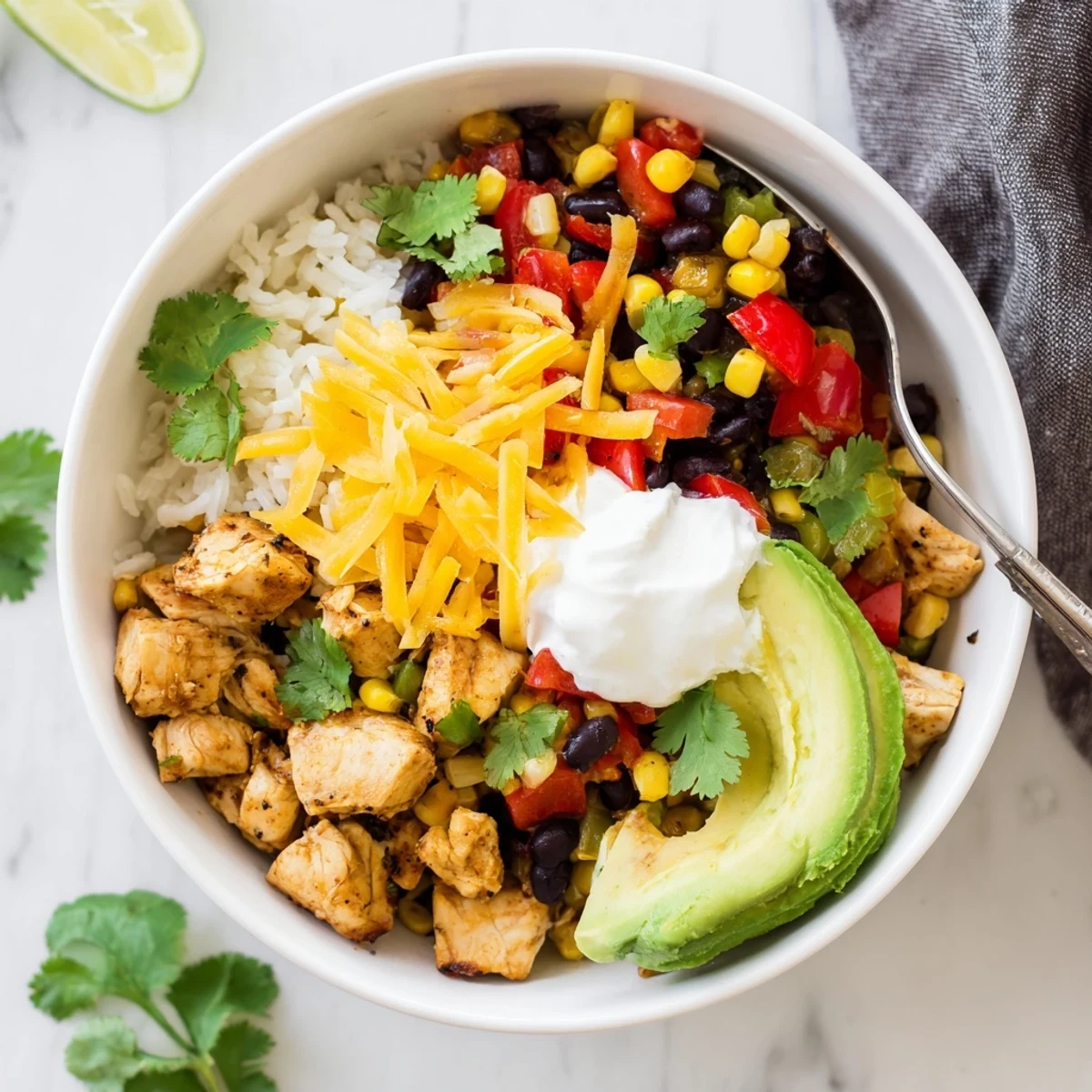 Heaping bowl of tender chicken, rice, beans, and corn in a flavorful Instant Pot Mexican meal