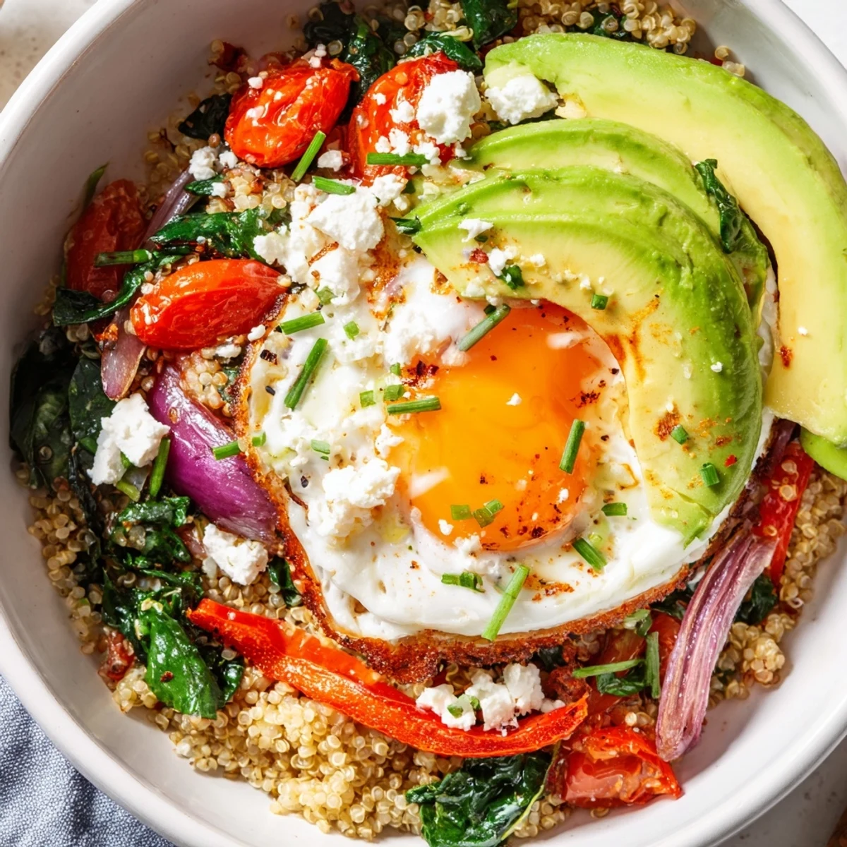 Savory quinoa breakfast bowl topped with golden fried egg and colorful sautéed vegetables