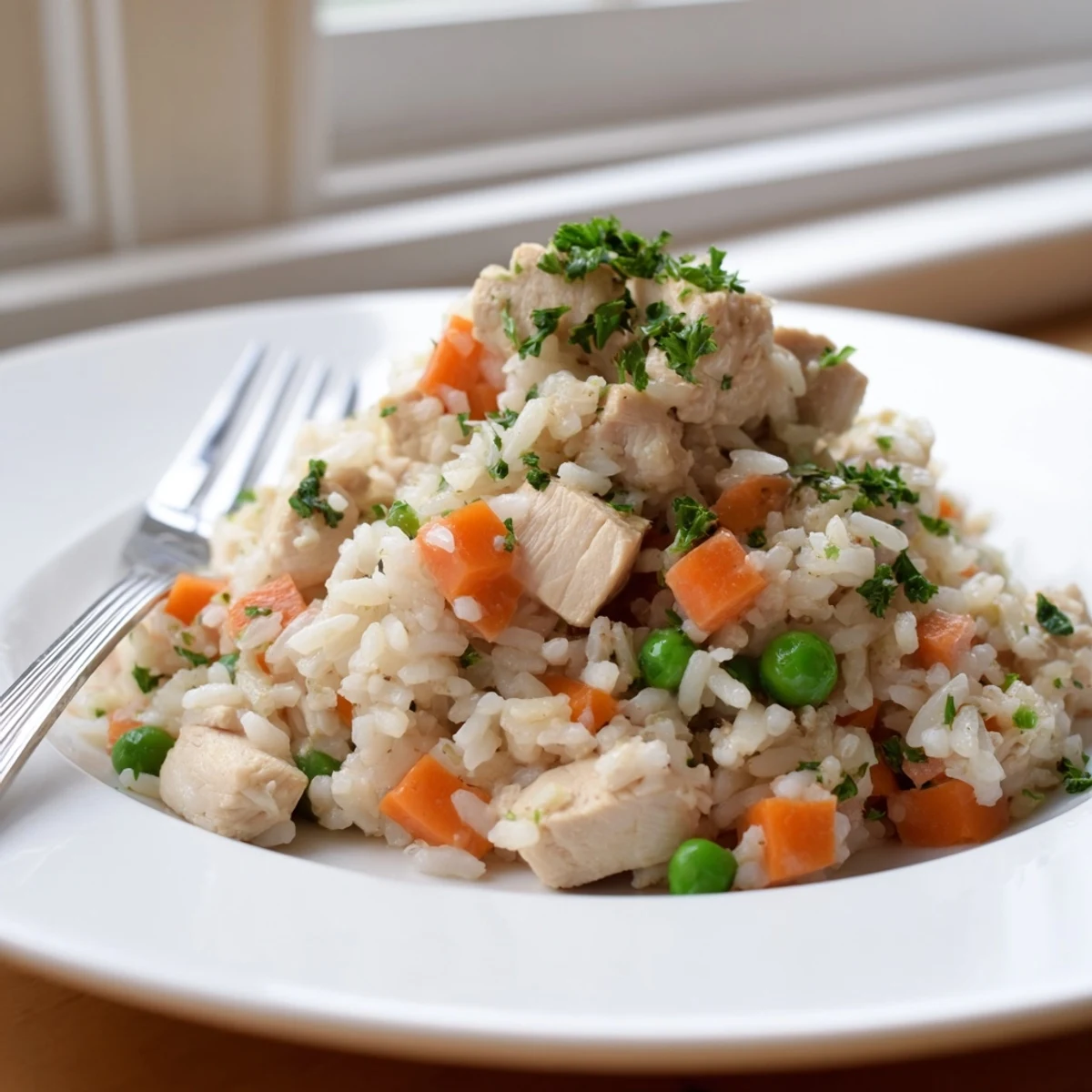 Golden Instant Pot chicken and rice dish featuring tender meat and fluffy white rice with colorful diced carrots and green peas garnished with fresh parsley