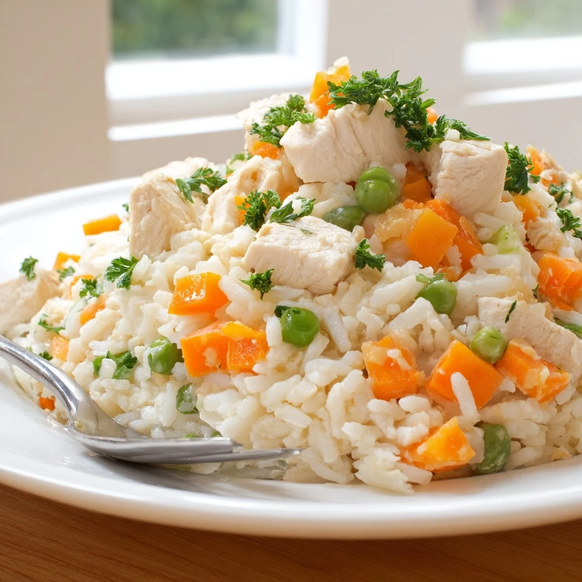 Steam rises from a bowl of this easy Instant Pot chicken and rice recipe displaying tender chicken thighs nestled between fluffy grains and bright garden vegetables