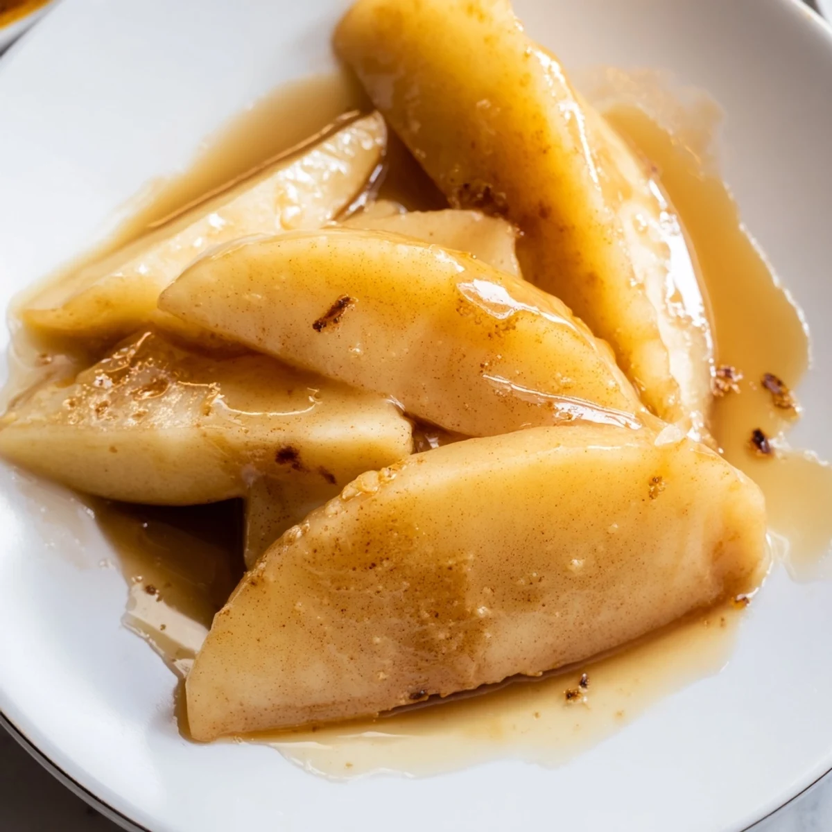 Golden brown apple slices coated in cinnamon sugar sauce served in white bowl