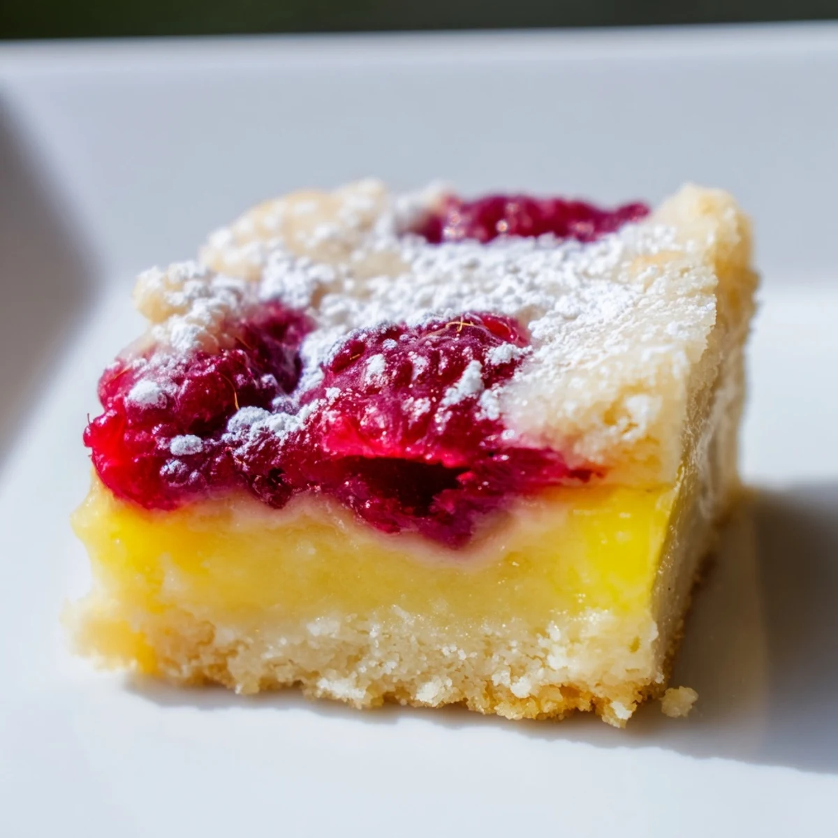 Golden Lemon Raspberry Bars with buttery shortbread crust and fresh raspberry swirls