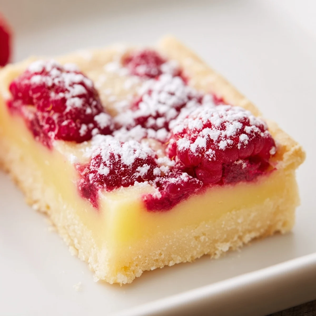 Tangy Lemon Raspberry Bars featuring zesty lemon layer scattered with vibrant red raspberries