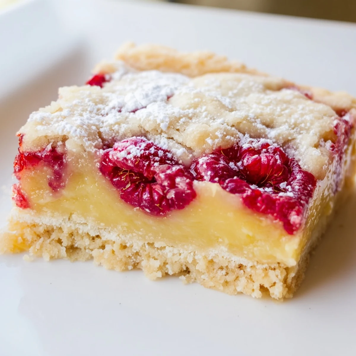 Homemade Lemon Raspberry Bars on white plate dusted with powdered sugar for serving