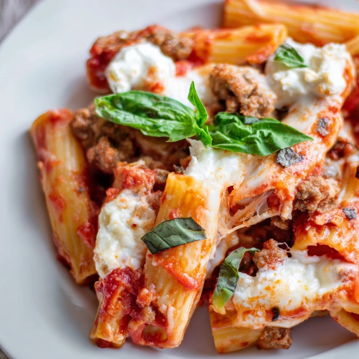 Hearty baked ziti pasta dish featuring tender ziti noodles with Italian sausage and rich tomato sauce