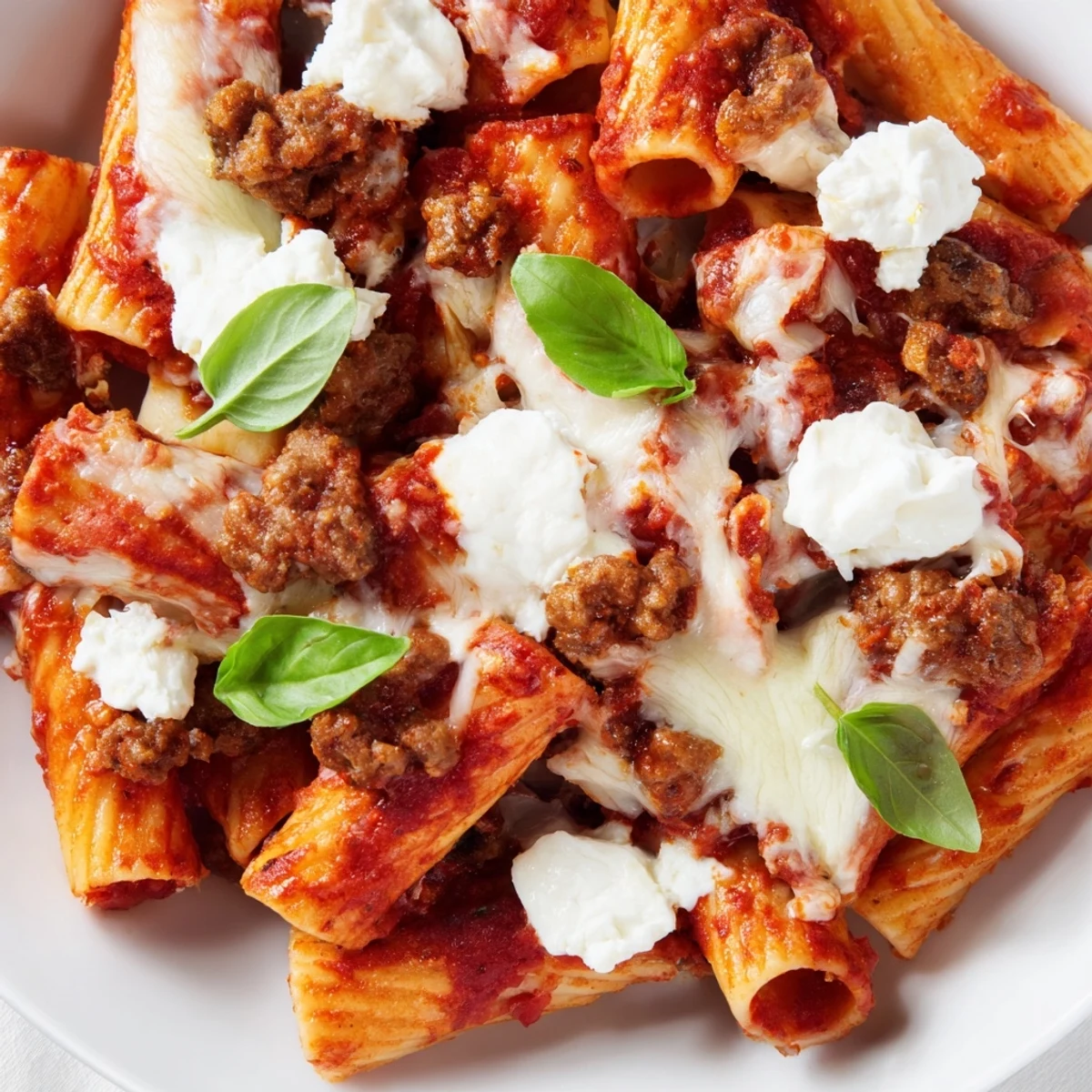 Creamy slow cooker baked ziti layered with ricotta, marinara, and bubbly cheese topping