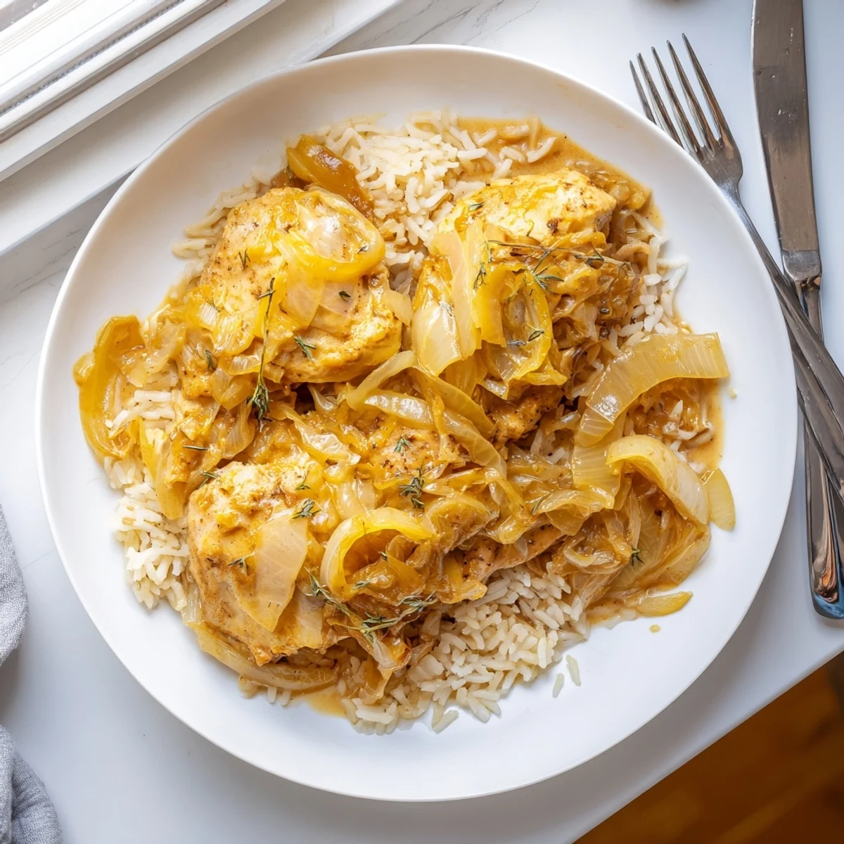 Golden brown chicken breasts resting atop creamy French onion chicken rice with melted Gruyère cheese