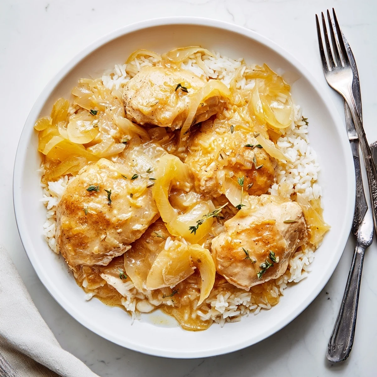 Spoonful of rich and creamy French onion chicken rice featuring tender chicken and caramelized onions