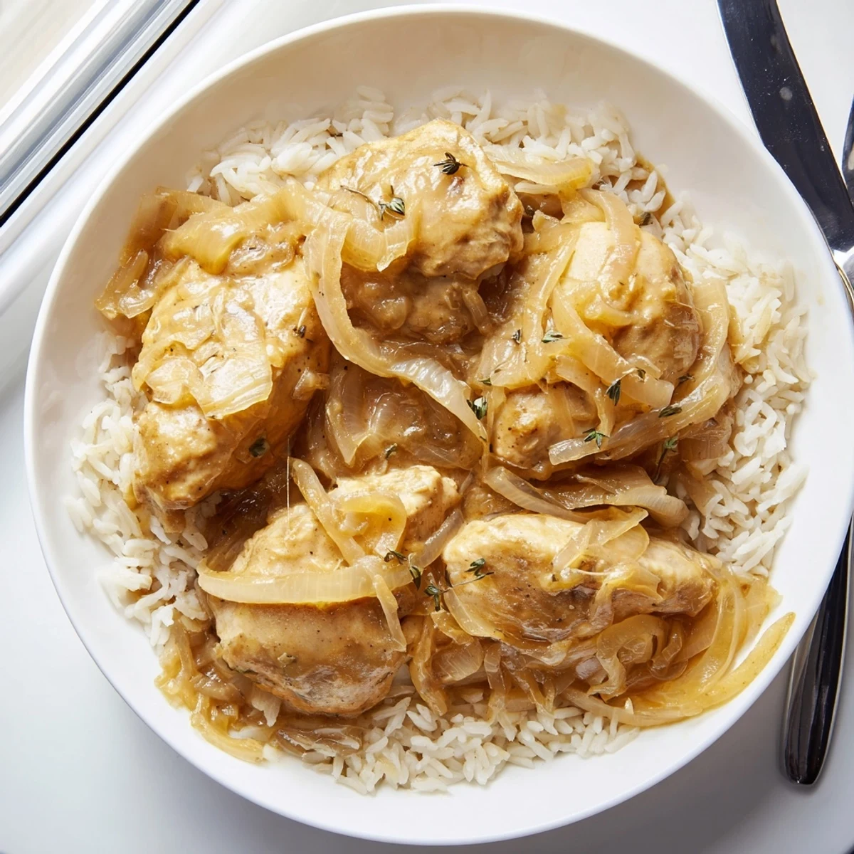 Steaming bowl of French onion chicken rice garnished with fresh thyme and shredded Swiss cheese