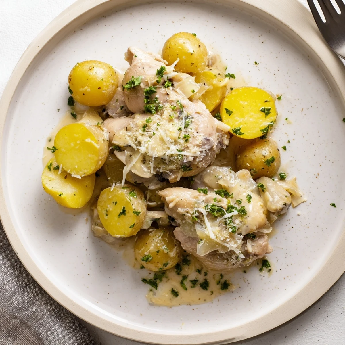 Golden slow cooker garlic Parmesan chicken surrounded by tender baby potatoes and melted cheese