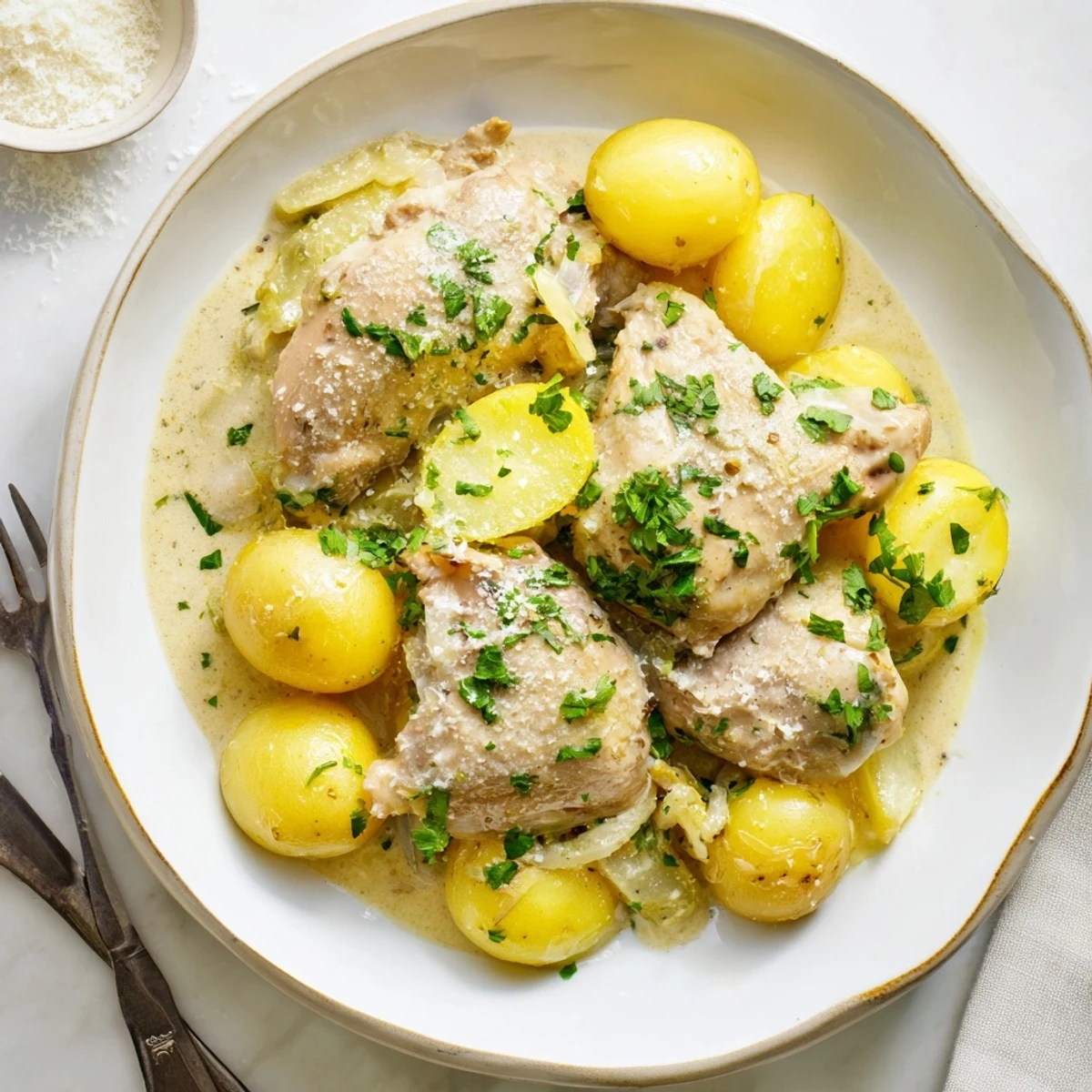 Creamy one-pot meal featuring seasoned chicken breasts with roasted potatoes in a rich garlic sauce