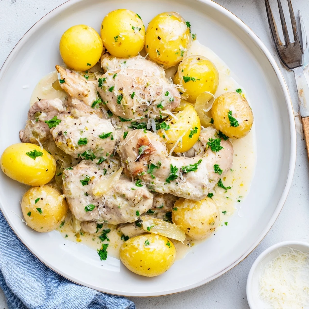 Hearty slow cooker dish with juicy chicken, buttery potatoes, and savory Parmesan garnish