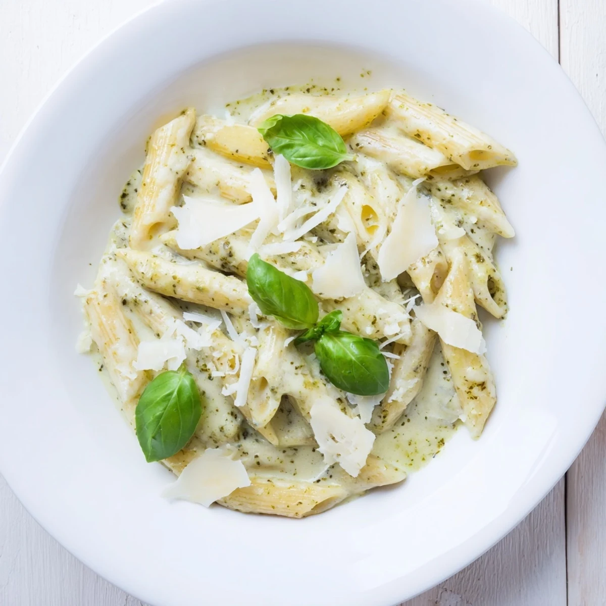 Creamy pesto pasta dish tossed in rich basil sauce with Parmesan cheese garnish