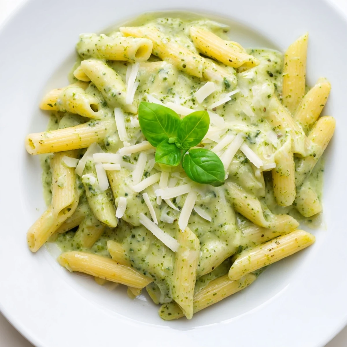 Steaming plate of creamy pesto pasta featuring garlic butter sauce and grated Parmesan topping