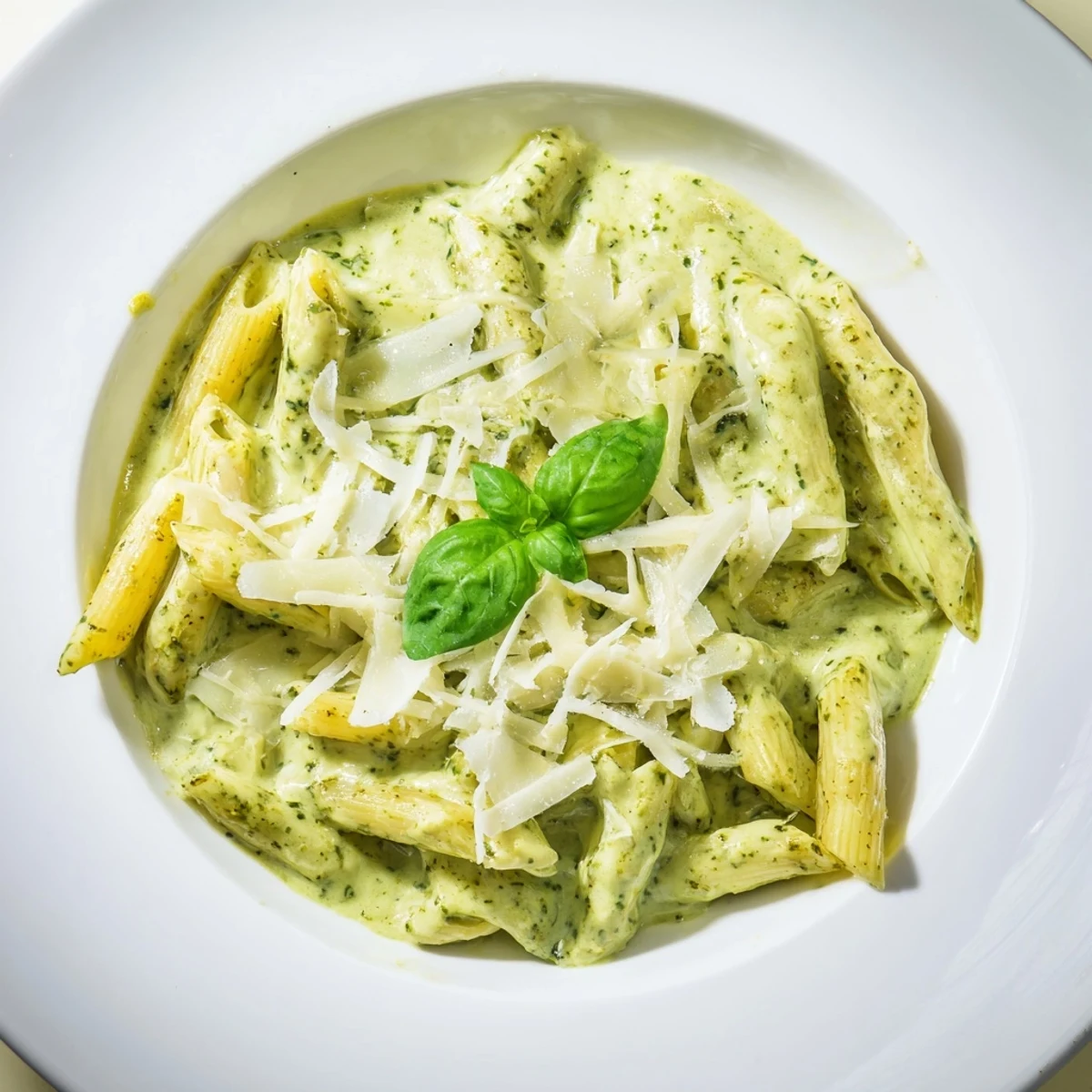 Bowl of creamy pesto pasta coated with green basil sauce and fresh basil leaves