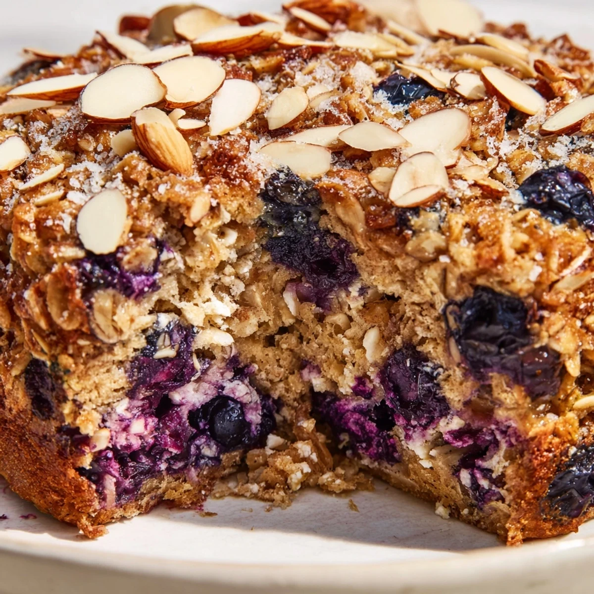 Golden blueberry cottage cheese breakfast bake with juicy berries bubbling on top