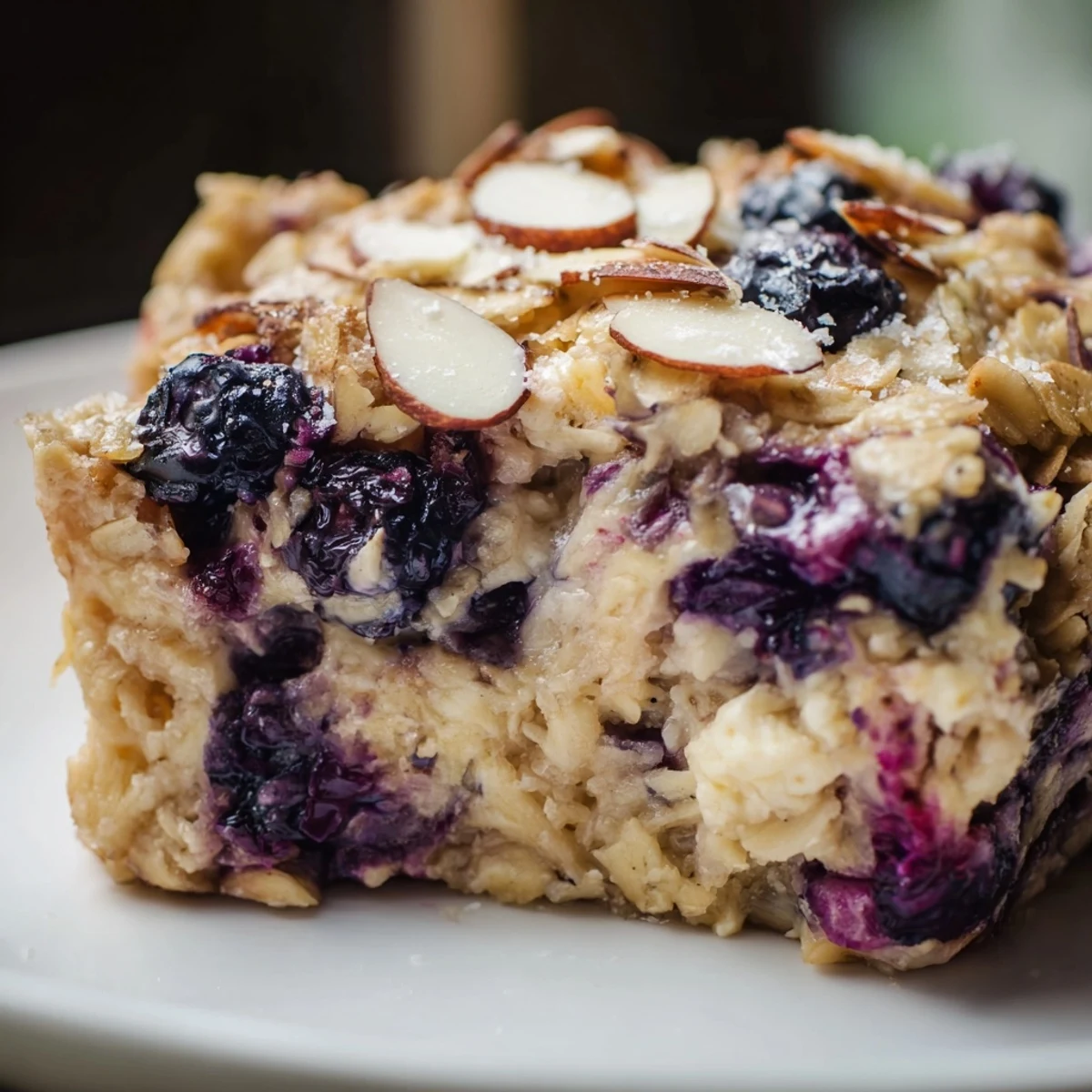 Sliced blueberry cottage cheese breakfast bake serving on a white plate with scattered almonds