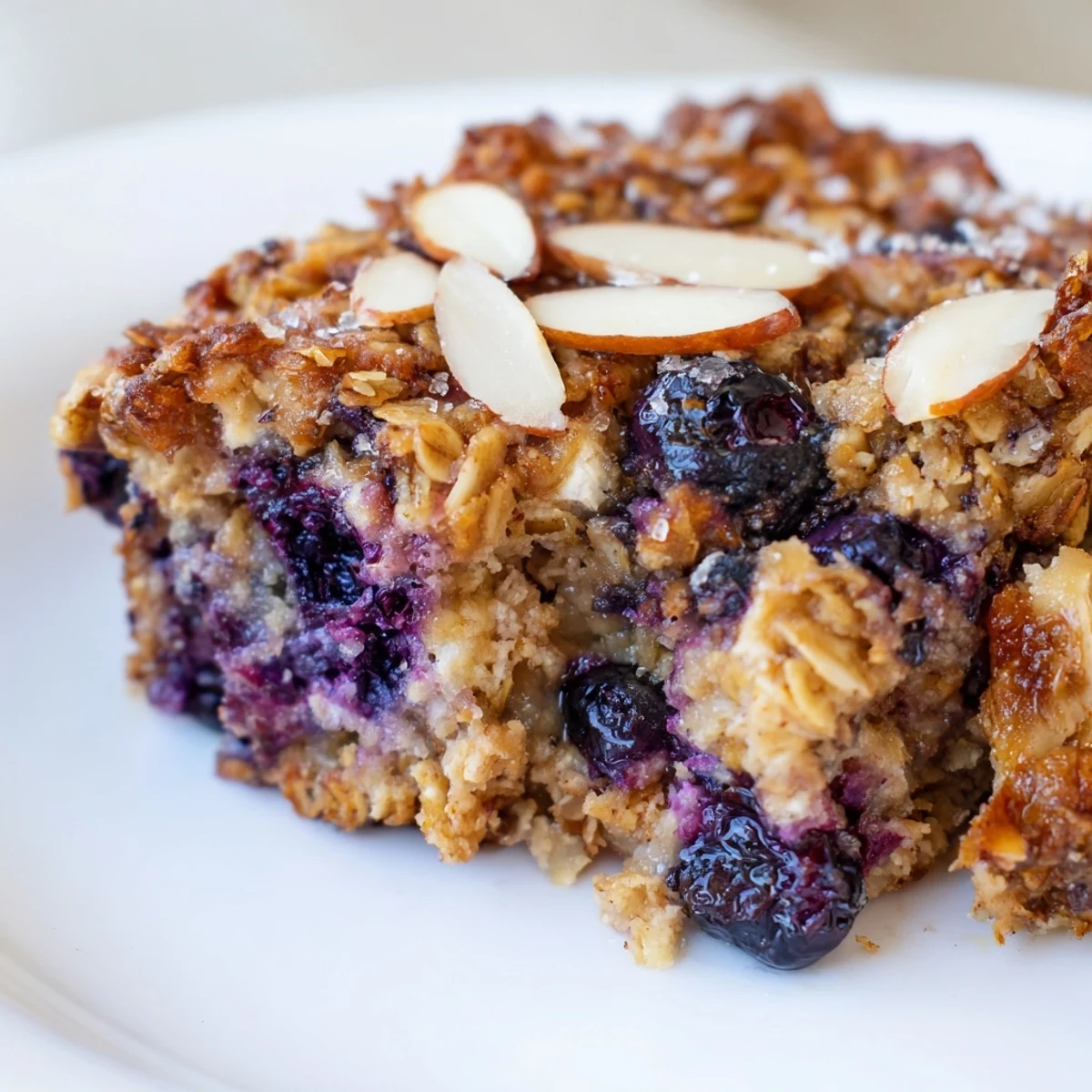 Warm square of blueberry cottage cheese breakfast bake with plump berries and oat crumble texture