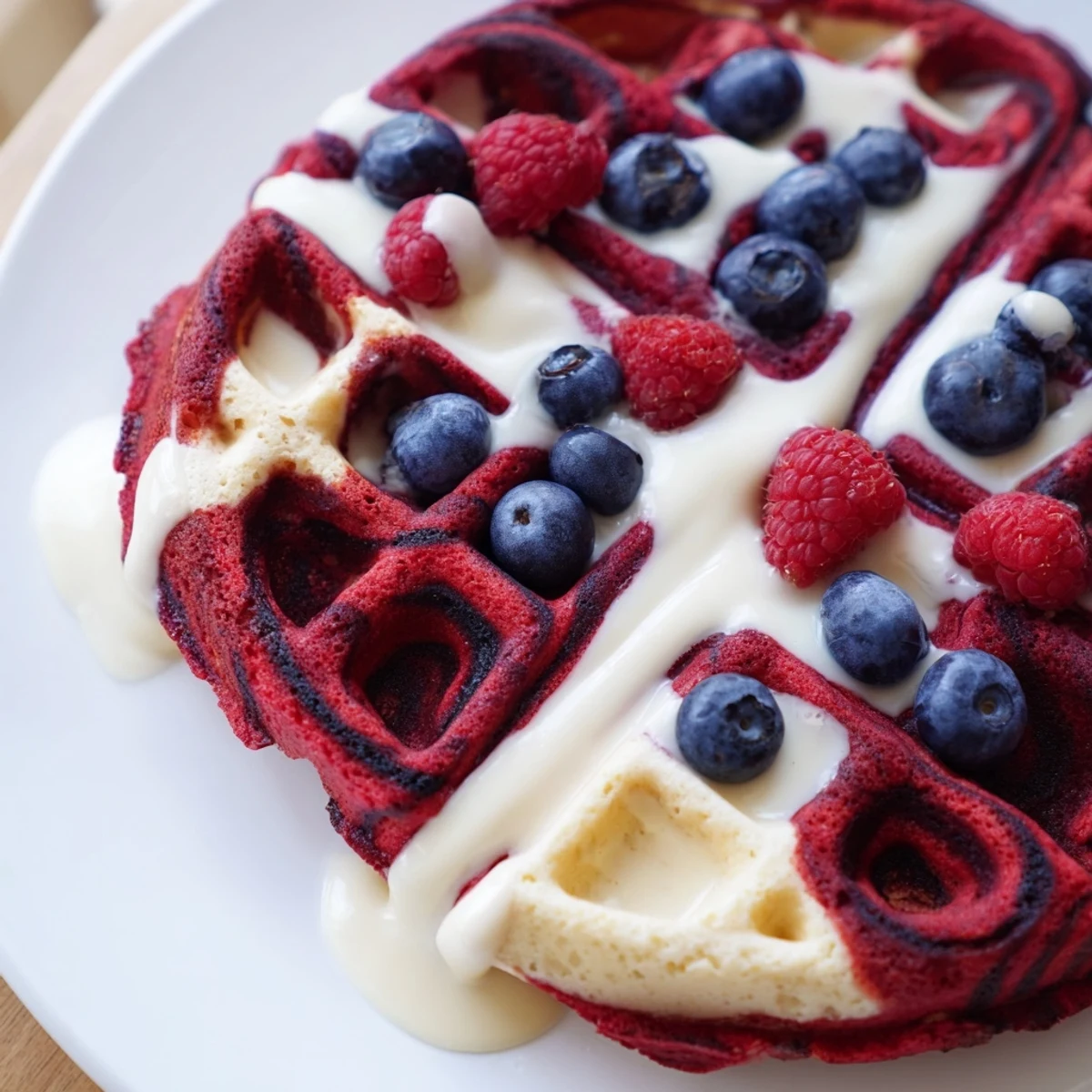 Close-up of marbled red velvet waffle showing beautiful red swirls against golden vanilla batter