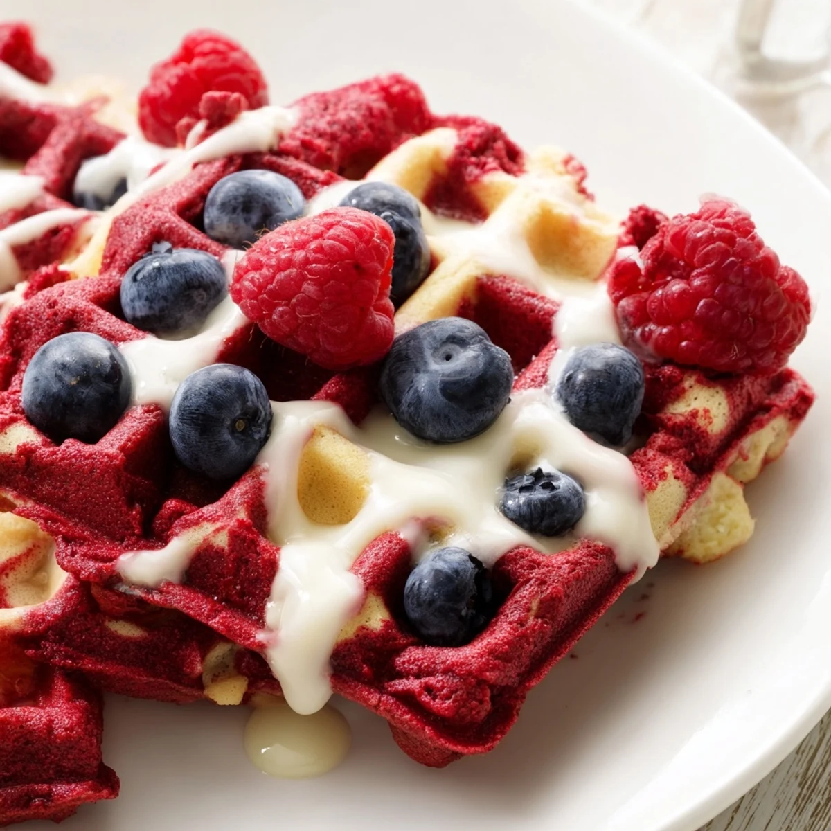 Stack of crisp red velvet marble waffles topped with fresh strawberries and powdered sugar